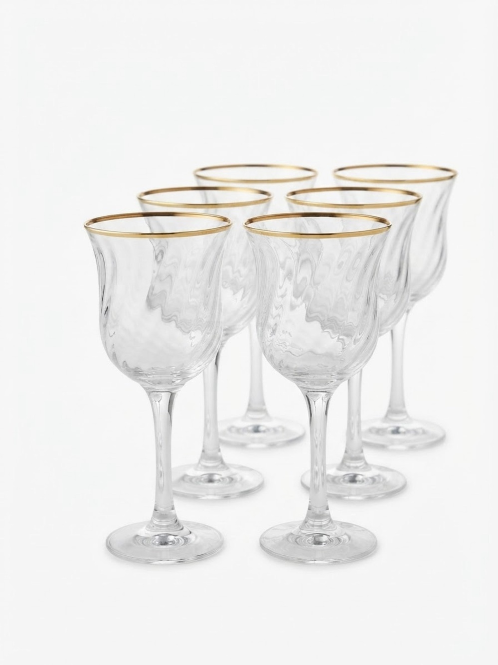 Vintage Style Optic Swirl Gold Rim Wine Crystal Glasses Set of 6